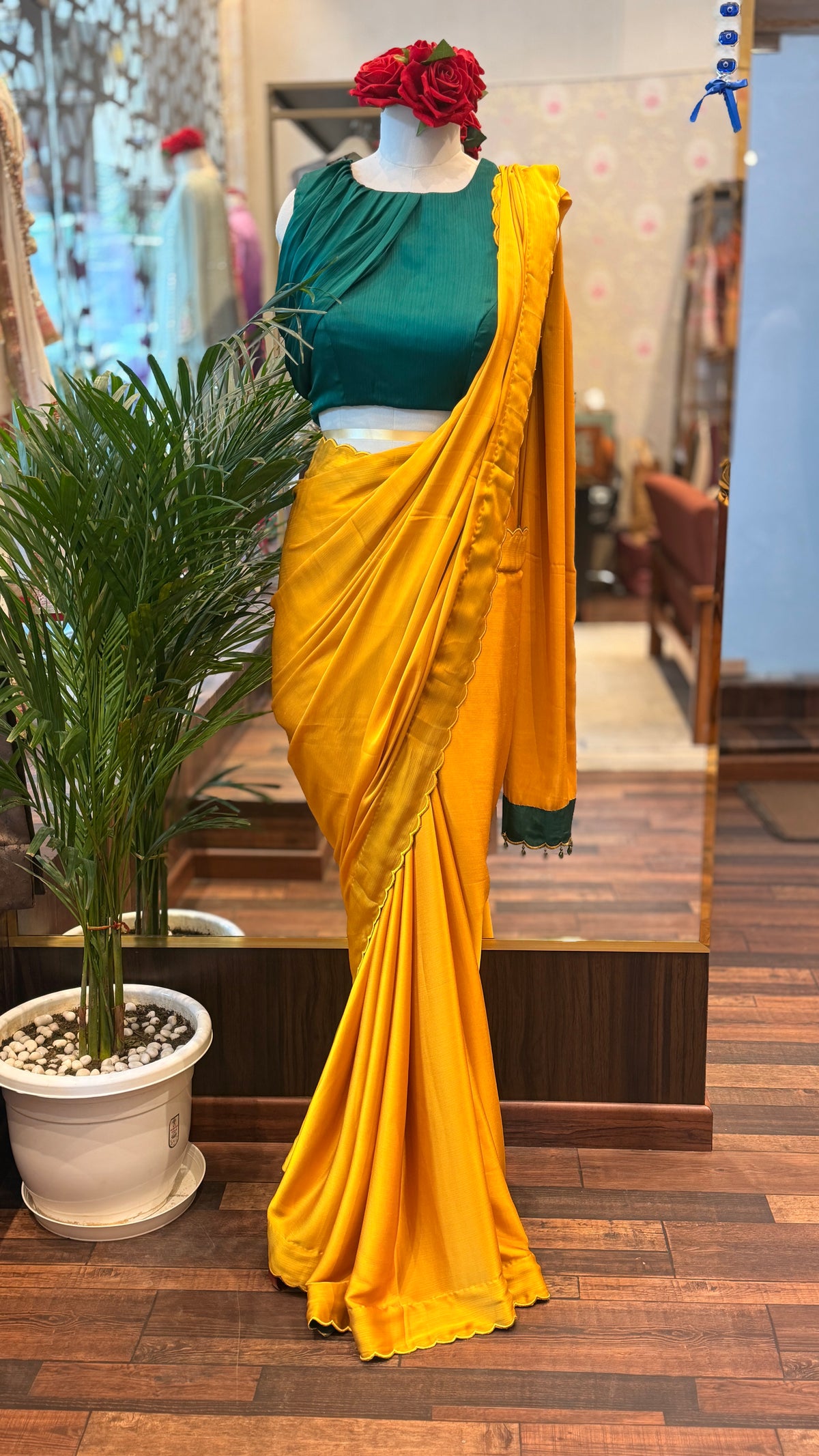 Mustard Chiffon Satin Saree with Green stylist Blouse