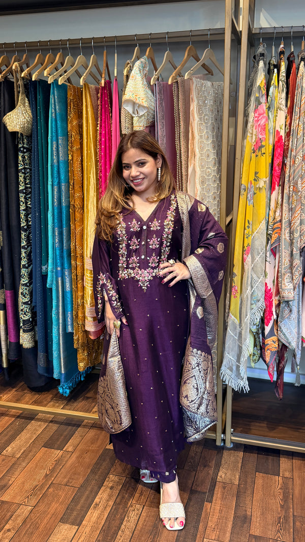 Wine Purple Embroidered Kurta Set with Jacquard Dupatta