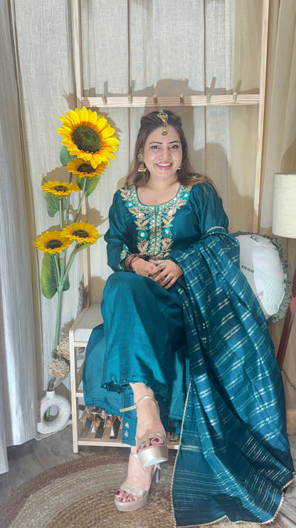 Teal Green Embroidered Kurta Set with Dupatta