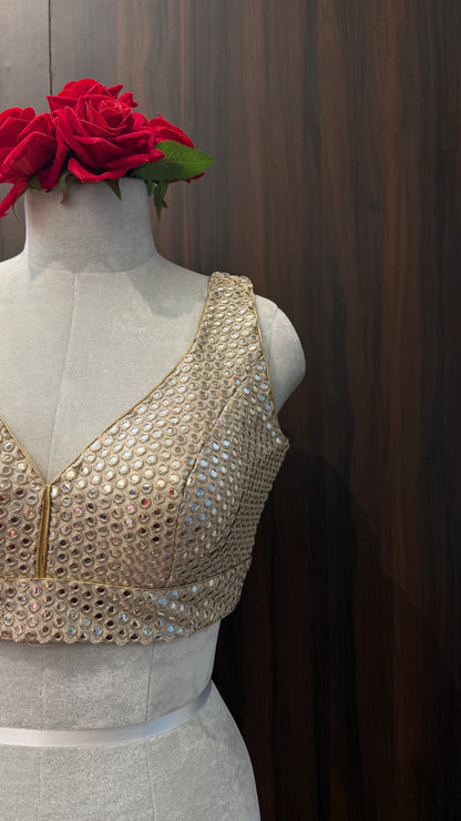 Handcrafted Gold Mirror-Work Blouse - V-Neck Ethnic Crop Top for Lehengas & Sarees