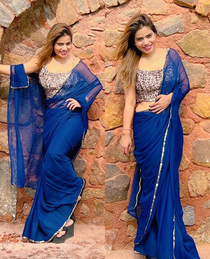 Blue chiffon saree with printed blouse