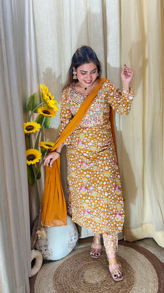 Mustard Floral Embroidered Cotton Suit Set
