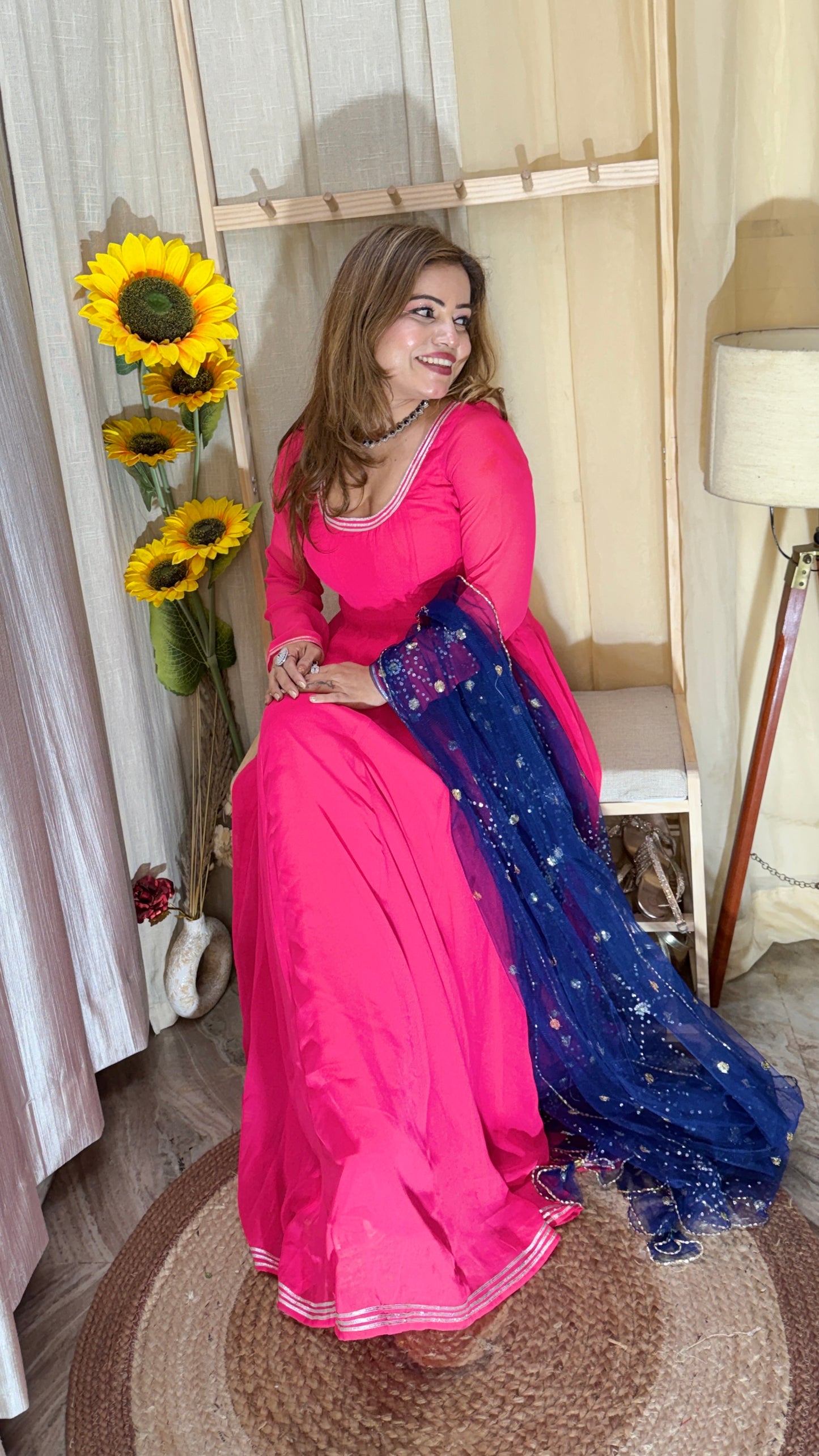Hot Pink Anarkali Kurta Set with Navy Blue Sequins Dupatta