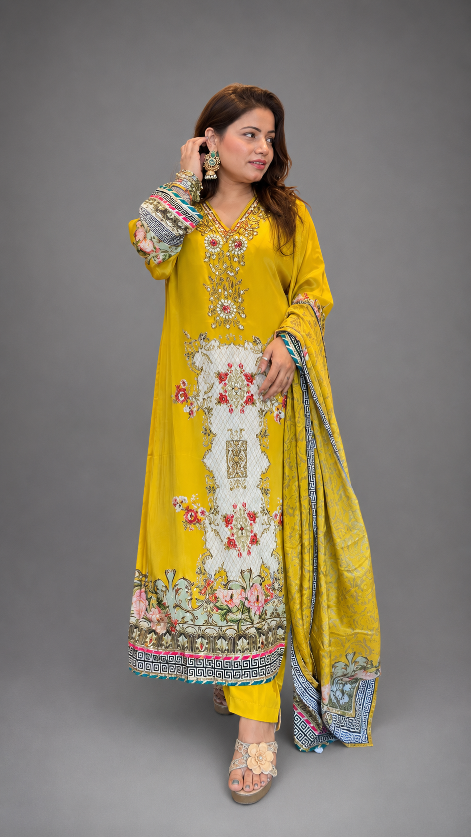 Pure Crepe Printed 3-Piece Suit Set with Handwork | Bling By Anjali