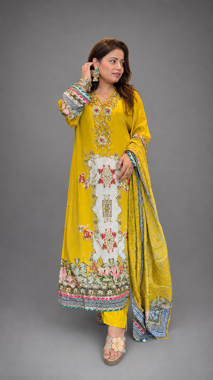 Pure Crepe Printed 3-Piece Suit Set with Handwork | Bling By Anjali