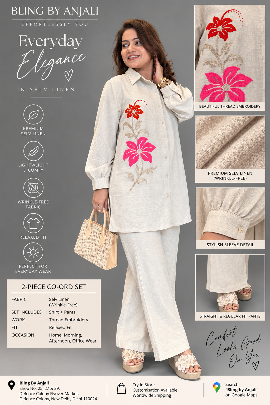 Floral Threadwork Off White Co-Ord Set