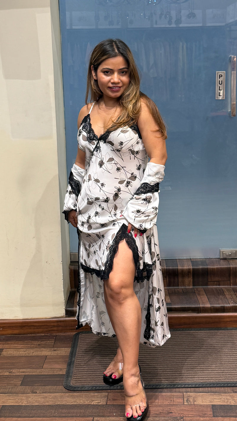 Ivory Floral Satin Nightdress with Lace Detail & Robe – Elegant 3-Piece Nightwear Set