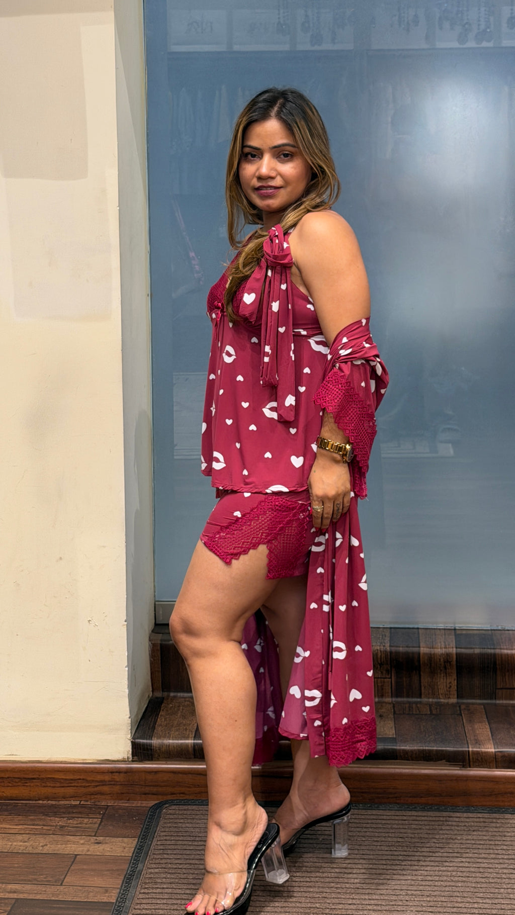 Heart Print 4-Piece Nightwear Set