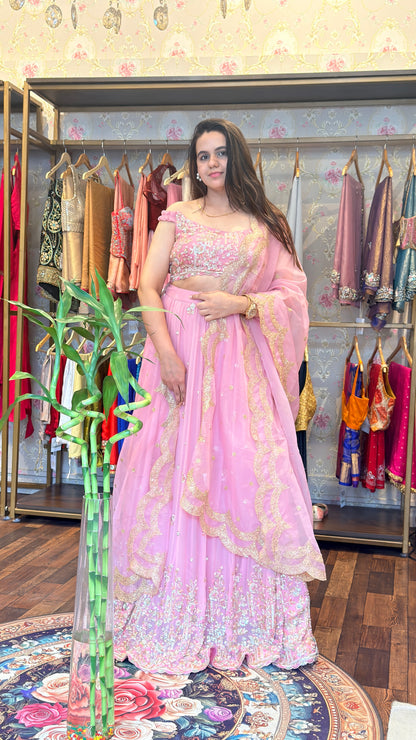 Blush Pink Hand-Embroidered Lehenga Set with Scalloped Dupatta