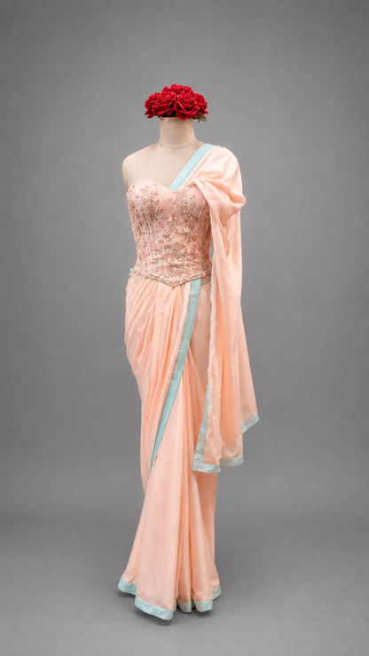 Baby Pink Embellished Corset with Blue Border Saree