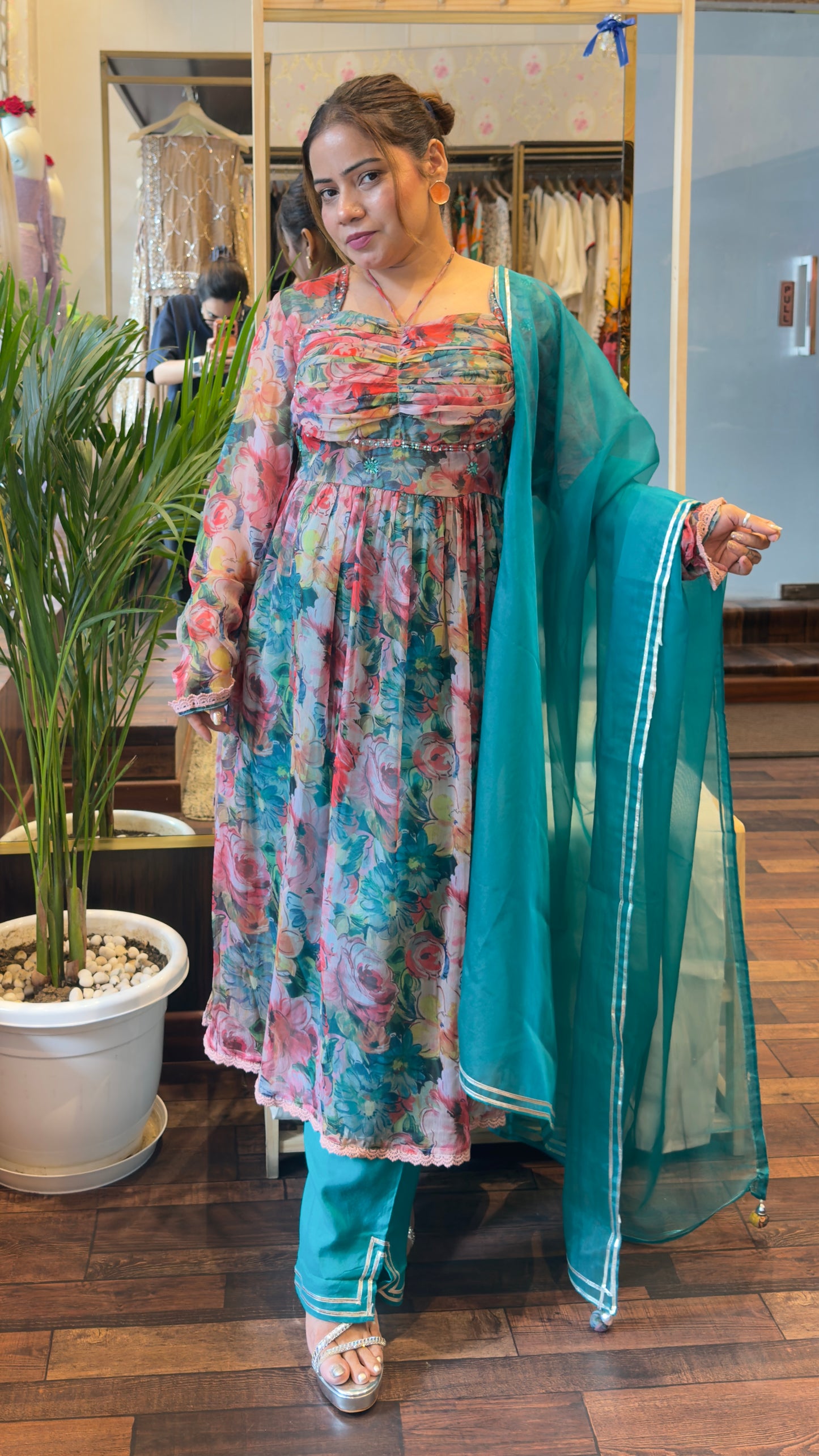 Chiffon Printed Anarkali Suit Set with Organza Dupatta