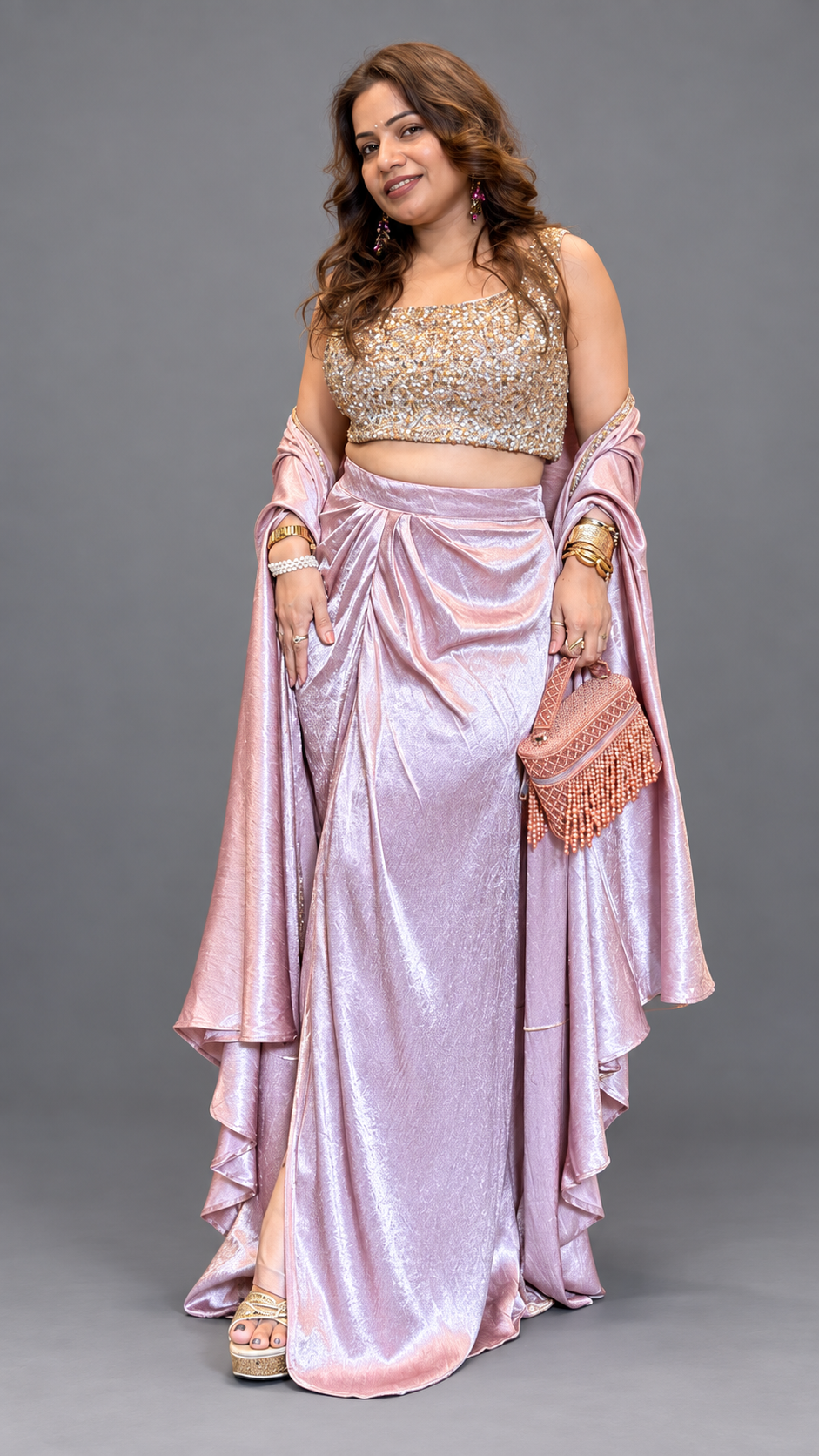 Hand-Embellished Satin Draped Skirt Set with Blouse & Cape