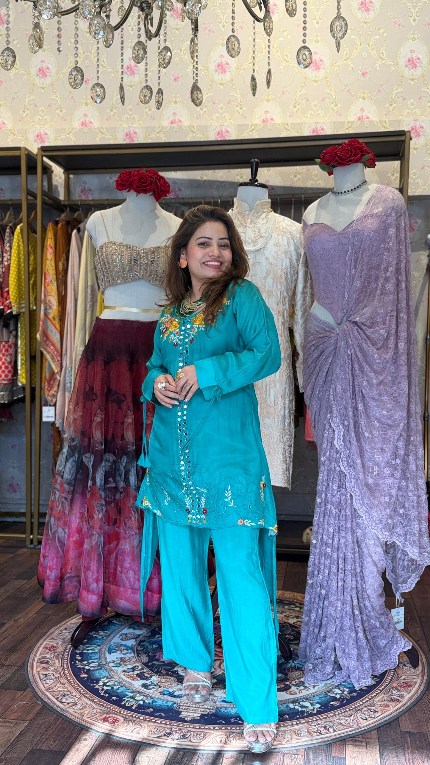 Teal Blue Floral Embroidered Kurta Set with Straight Pants | Premium Festive Ethnic Wear for Women