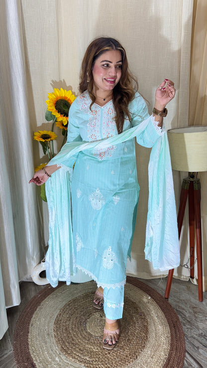 3pc E-Mint Cotton Embroidered Summer Suit set