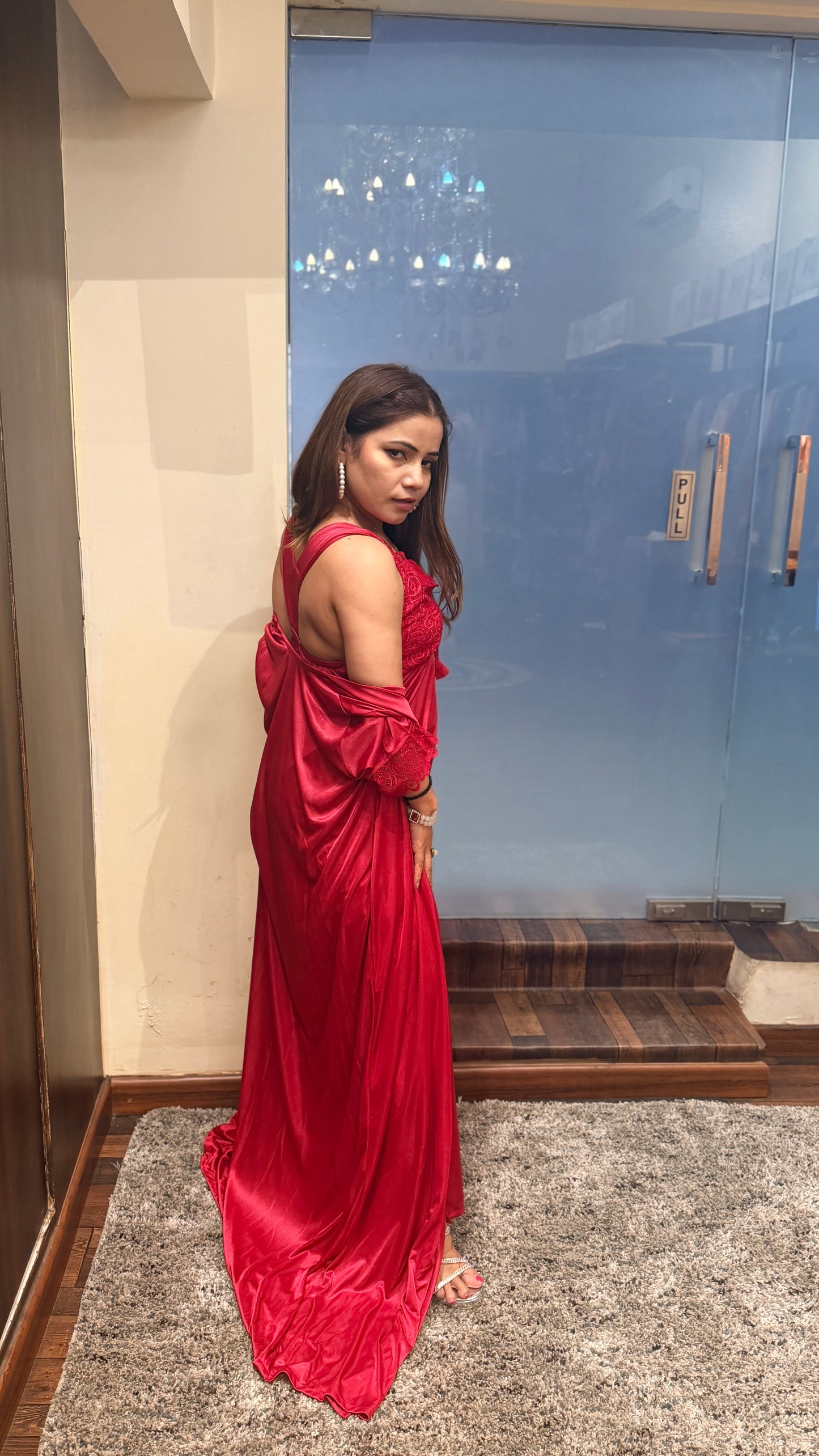 Luxury Red Satin Nightwear Set with Lace Detail (Robe + Slip)
