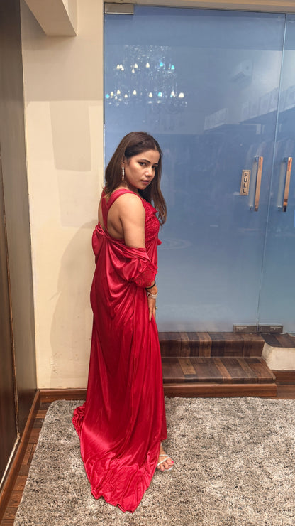 Luxury Red Satin Nightwear Set with Lace Detail (Robe + Slip)