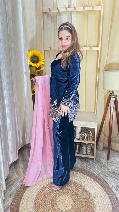 “ZARA NOOR” – Midnight Velvet Sharara Set