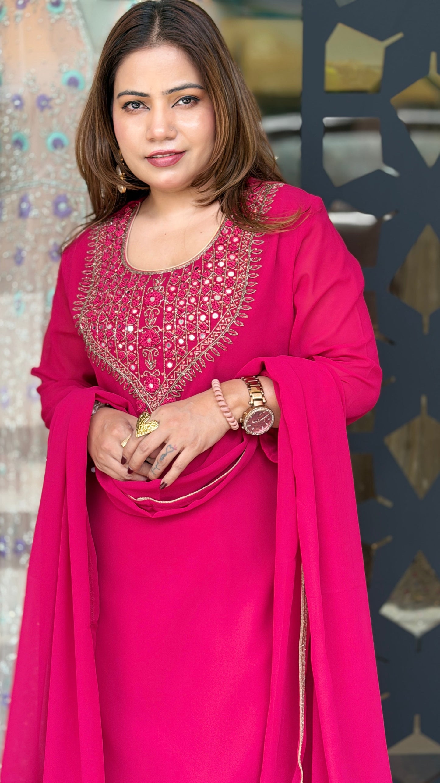 Cherry Red Embroidered Kurta Set with Dupatta