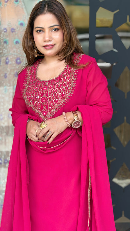 Cherry Red Embroidered Kurta Set with Dupatta