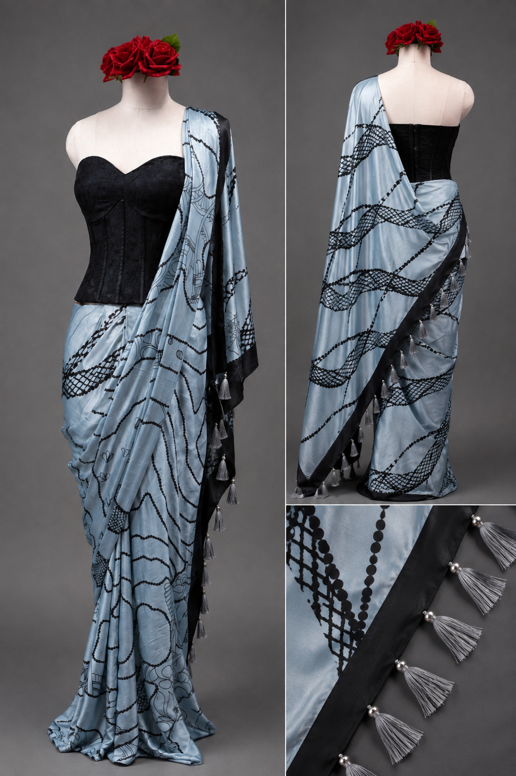 Pure Gajji Silk Saree with Hand Block Print, Hand Sequins Work & Tassel Pallu