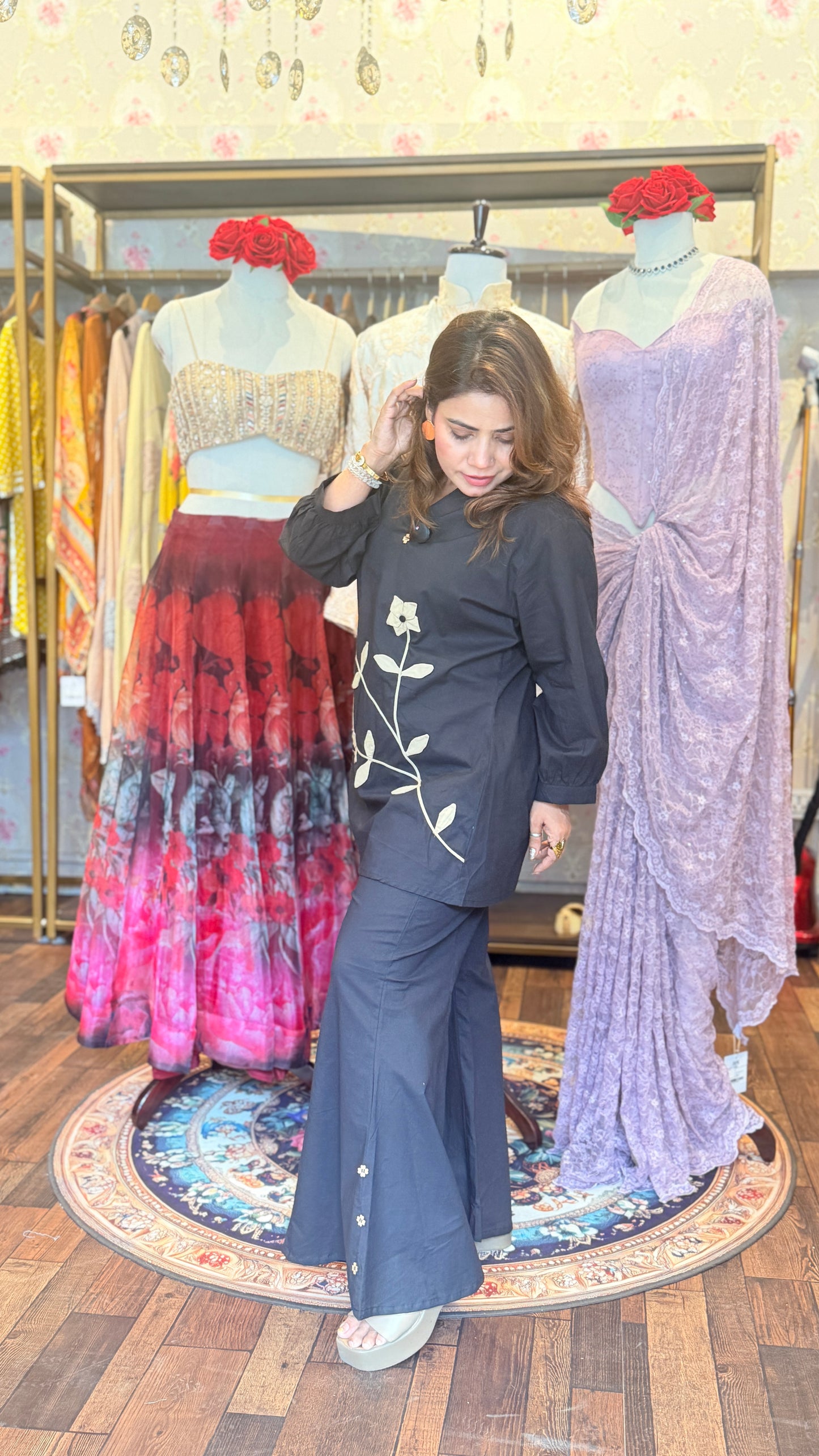 Black Floral Appliqué Co-Ord Set for Women | Premium Cotton Kurta with Palazzo Pants | Designer Ethnic Wear