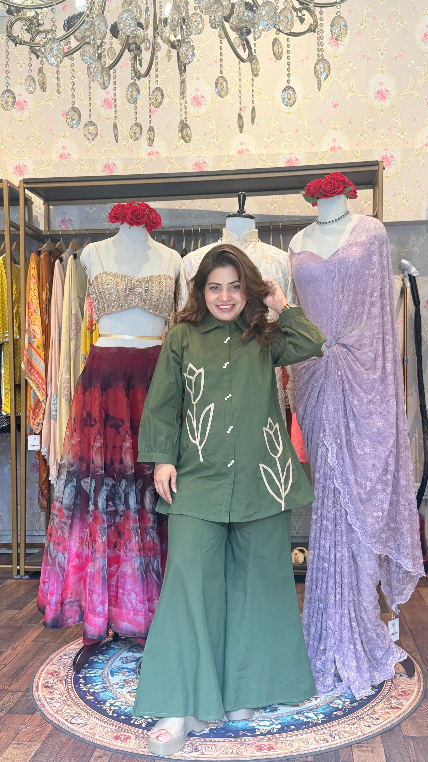 Olive Green Floral Appliqué Shirt Kurta Set with Palazzo Pants | Premium Cotton Co-Ord Set for Women