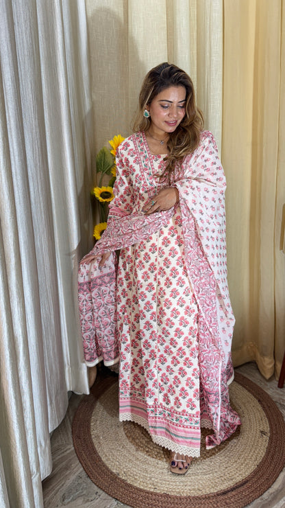 Graceful pink floral Anarkali suit set