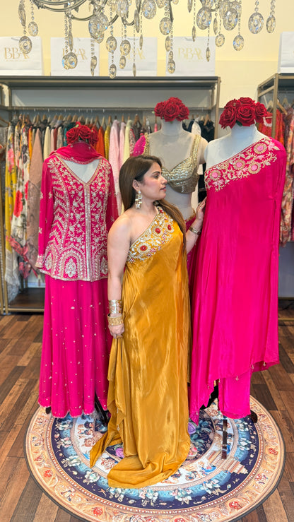 One-Shoulder Embroidered Draped Set | Blush Pink Sunset & Fuchsia Luxe Edit
