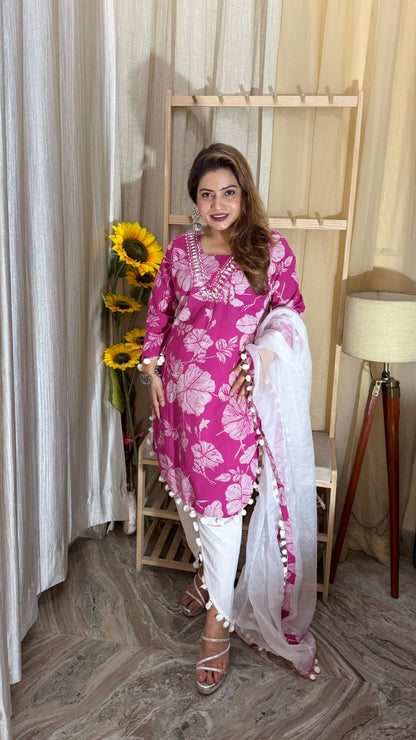 Pink Floral Printed Kurta Set with Organza Pom-Pom Dupatta