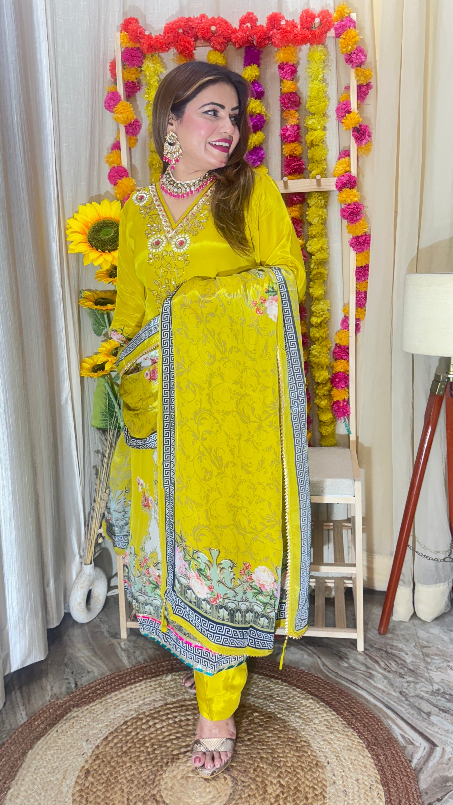 Mustard Yellow Pure Crêpe, ￼ Embroidered 3-Piece Suit