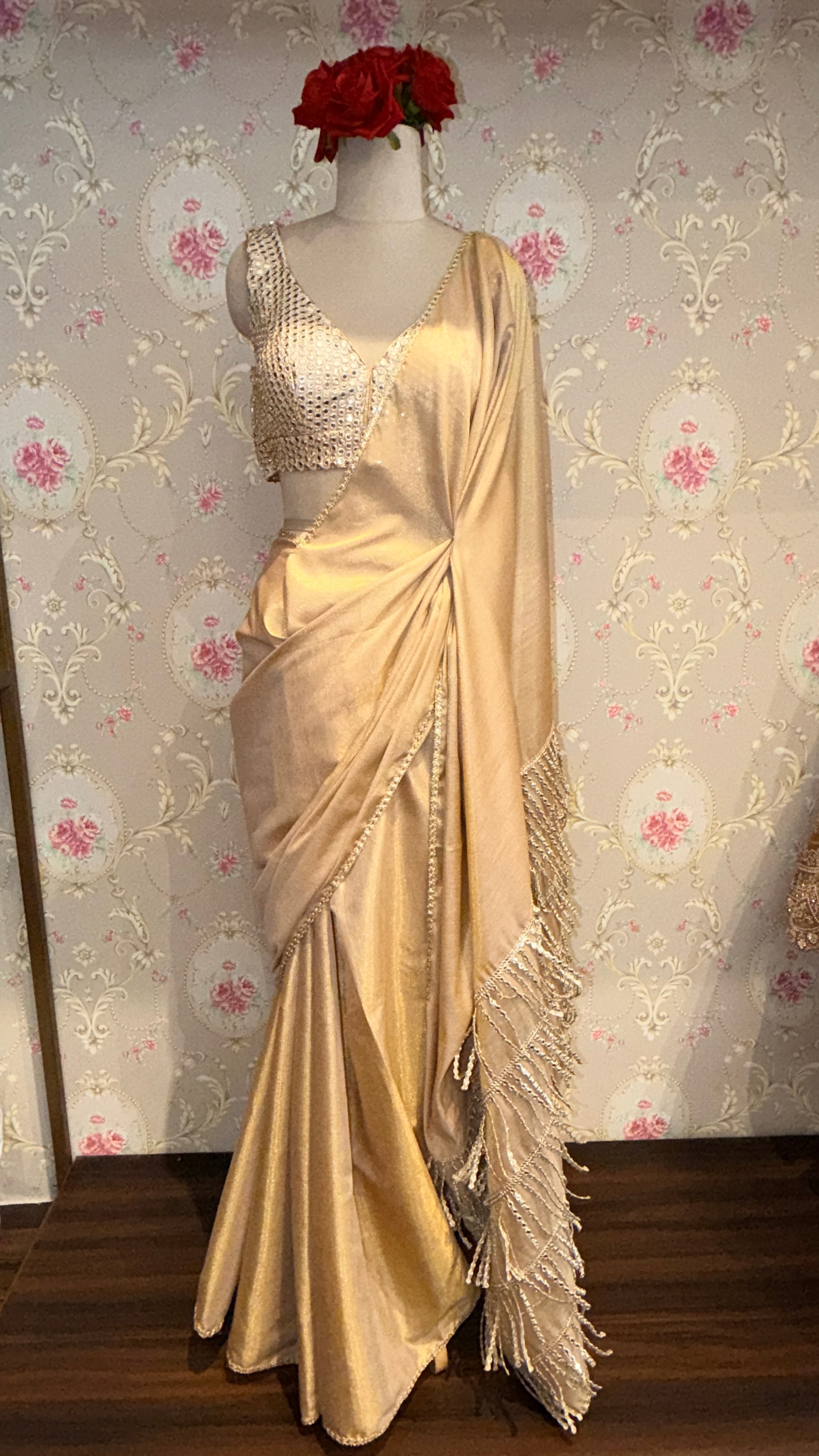 Tissue Cotton Saree with Sequined Blouse & Tassel Pallu