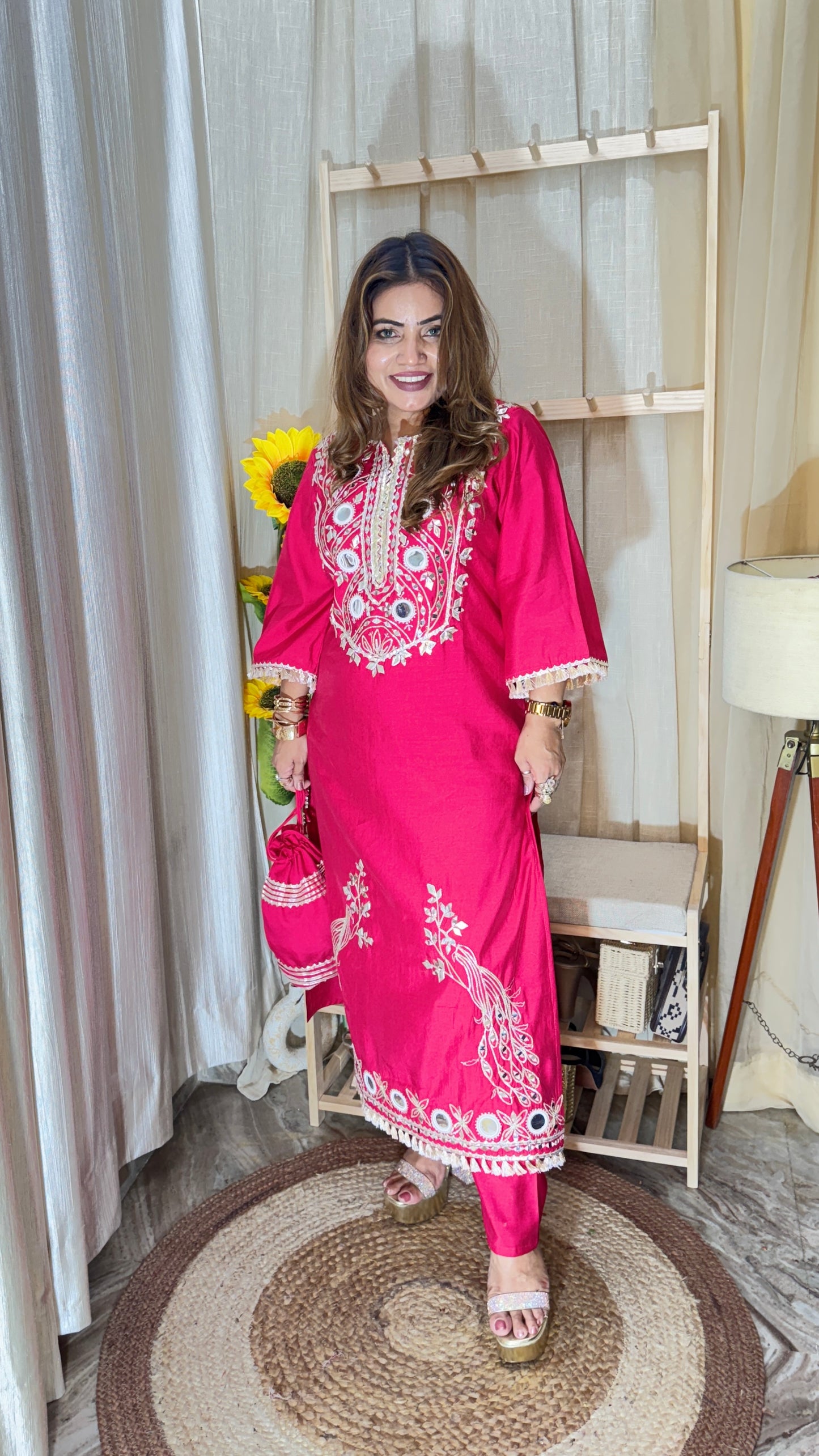 Hot Pink Mirror Embroidered Kurta Set with Potli Bag