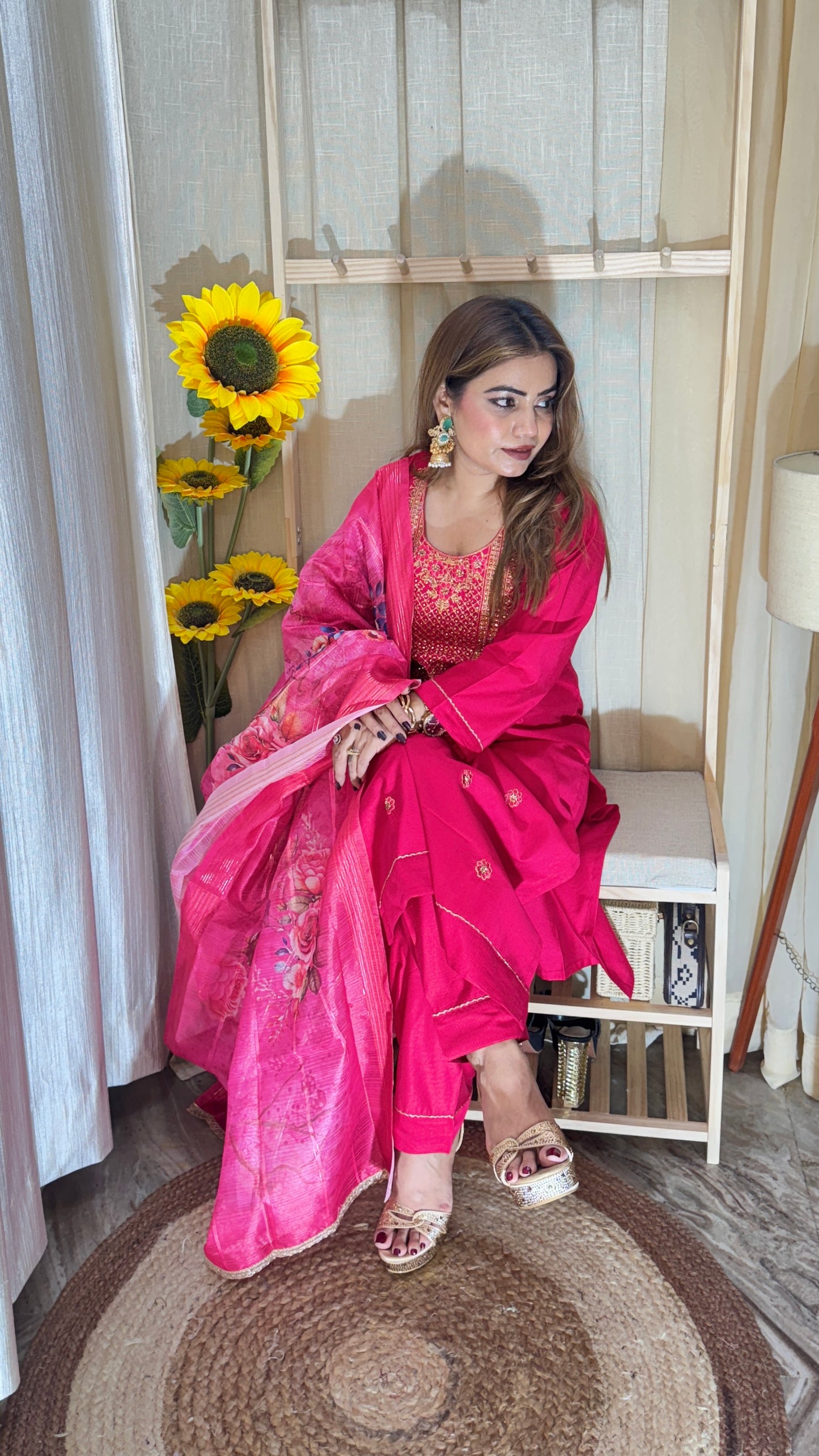Hot Pink Embroidered Kurta Set with Floral Dupatta