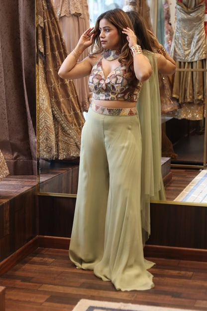 Pastel Green Embellished Indo-Western Set with Choker Dupatta ￼