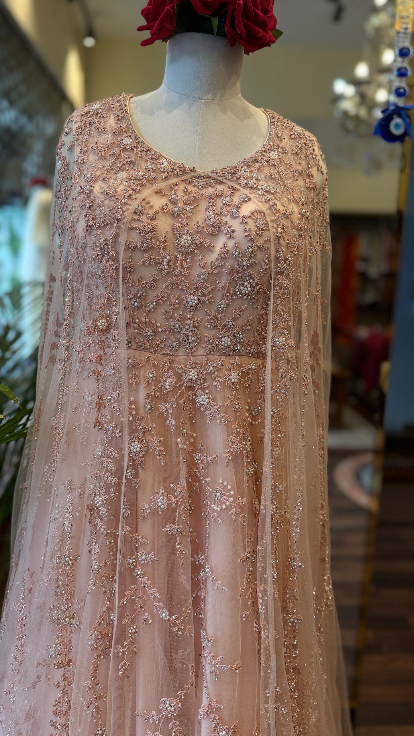 Blush Pink Embellished Cape Gown