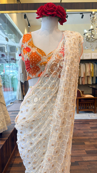 Ivory Embroidered Net Saree with Designer Blouse | Luxury Party Wear Saree | South Delhi Boutique Collection