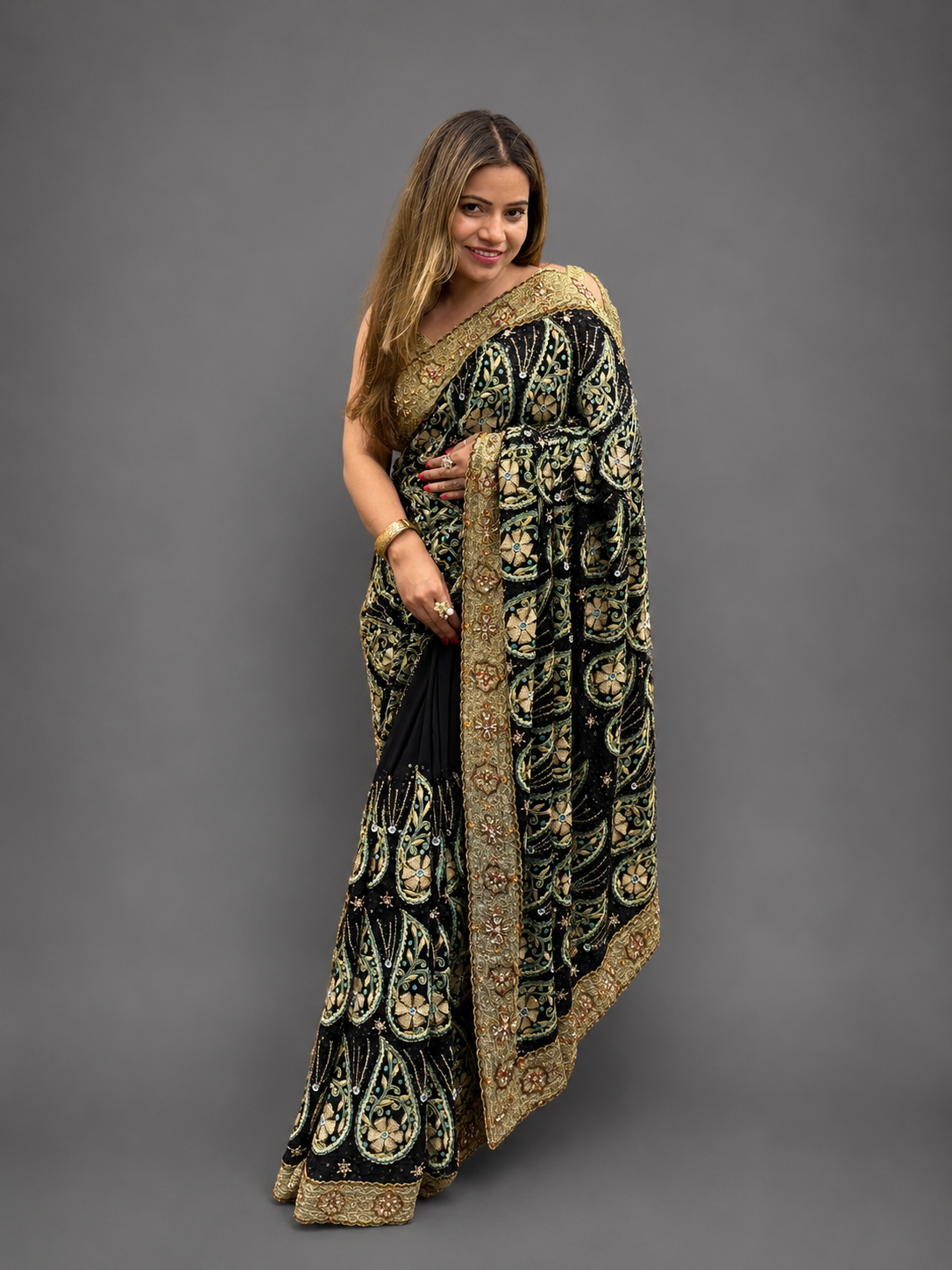 Black Jamawar Embroidered Saree