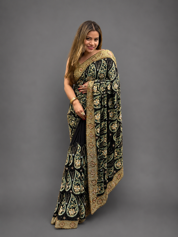 Heritage Black Resham Embroidered Saree with Tissue Border