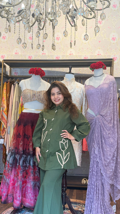 Olive Green Floral Appliqué Shirt Kurta Set with Palazzo Pants | Premium Cotton Co-Ord Set for Women