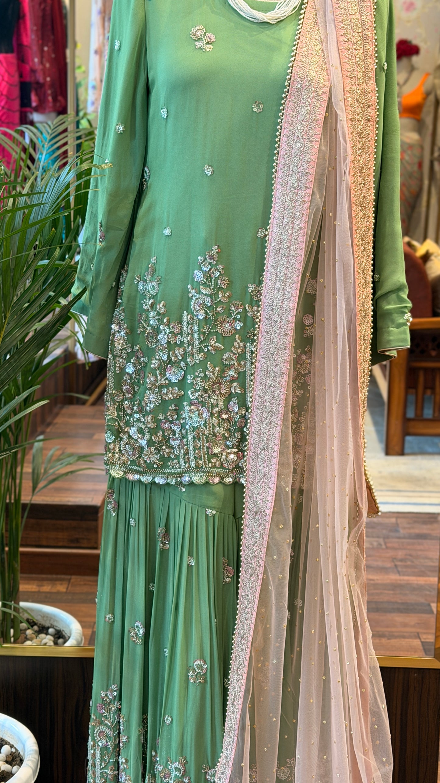Sage Green Embroidered Sharara Set ￼