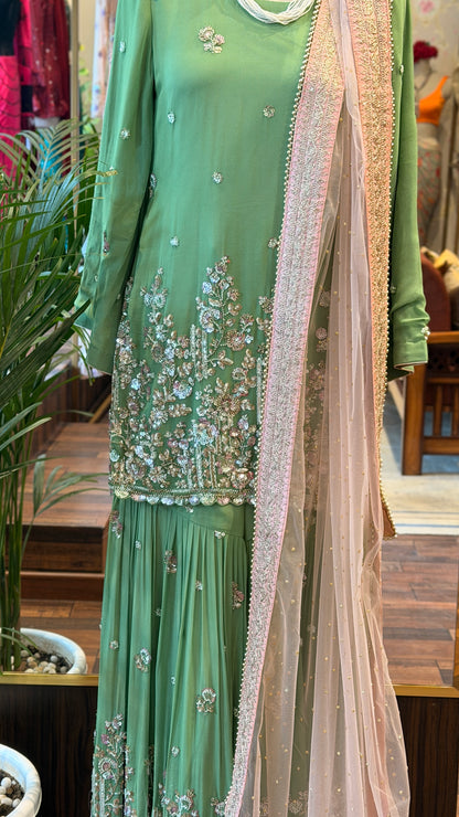 Sage Green Embroidered Sharara Set ￼