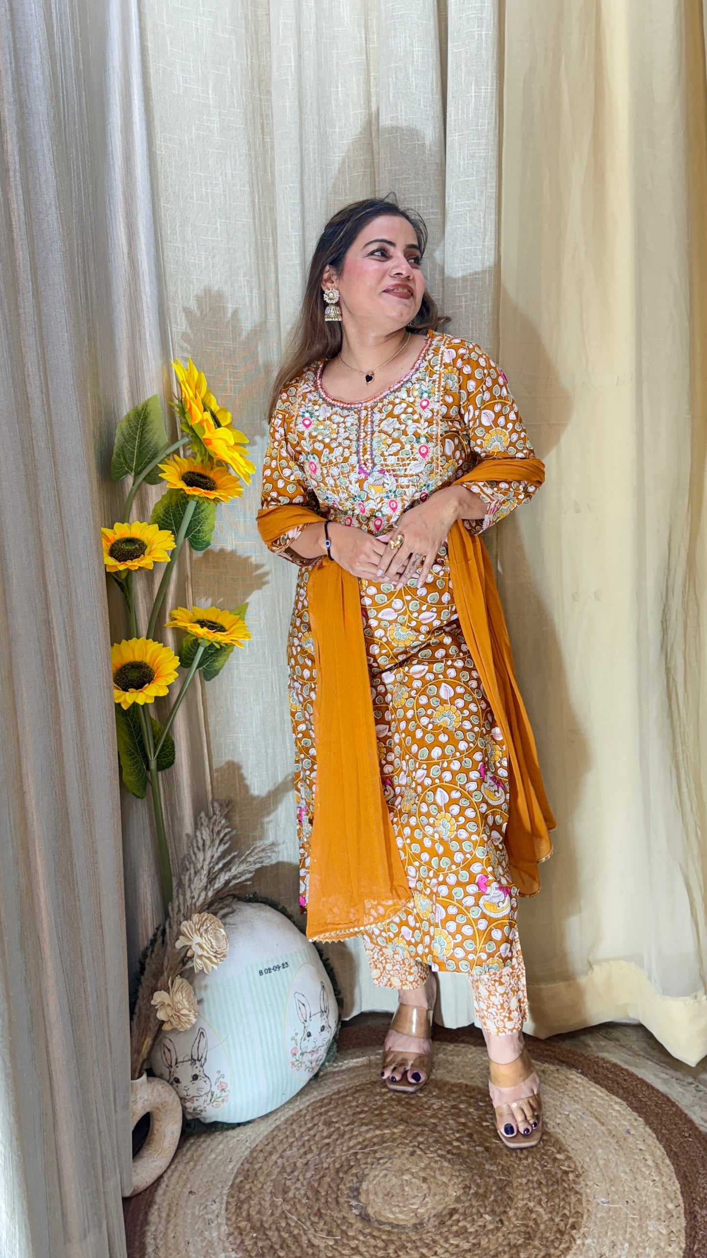 Mustard Floral Embroidered Cotton Suit Set