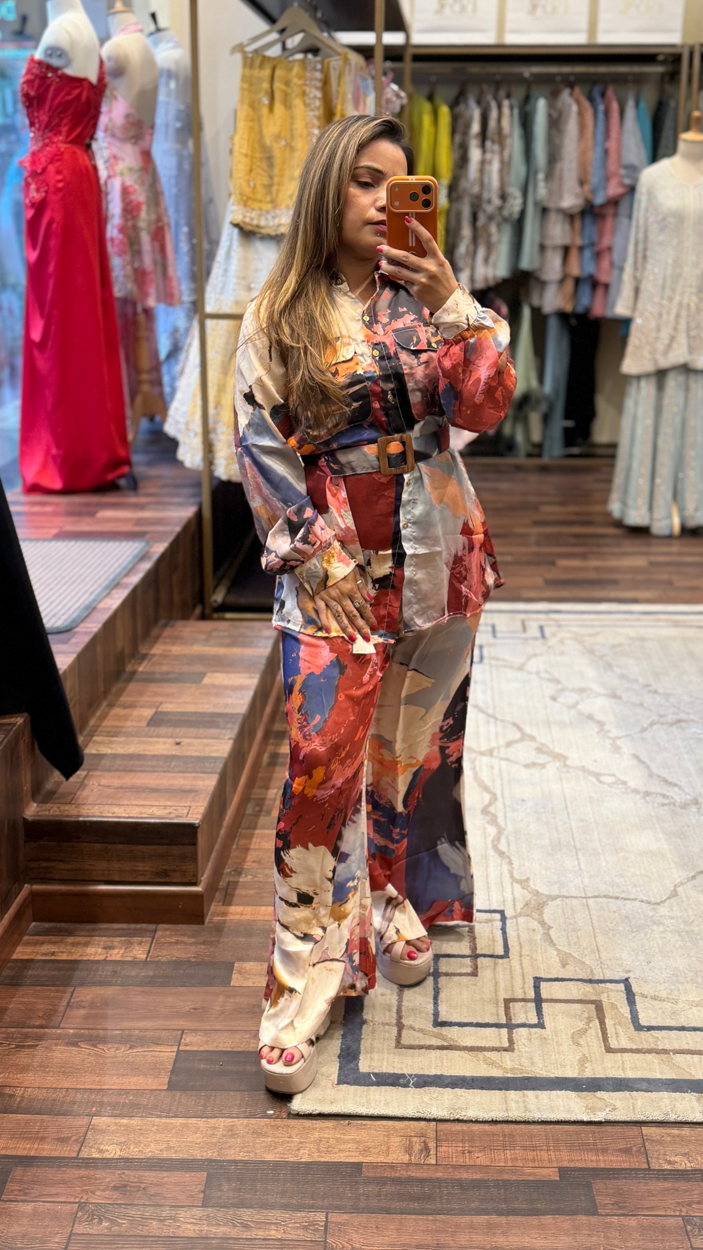 Abstract Print Satin Co-ord Set with Belt – Premium Statement Outfit for Women