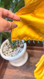 Mustard Chiffon Satin Saree with Green stylist Blouse