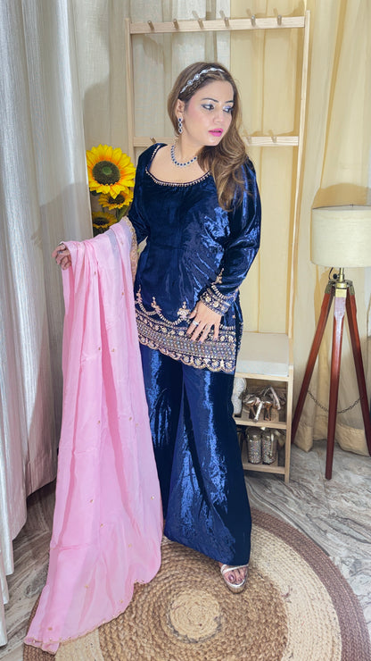 “ZARA NOOR” – Midnight Velvet Sharara Set