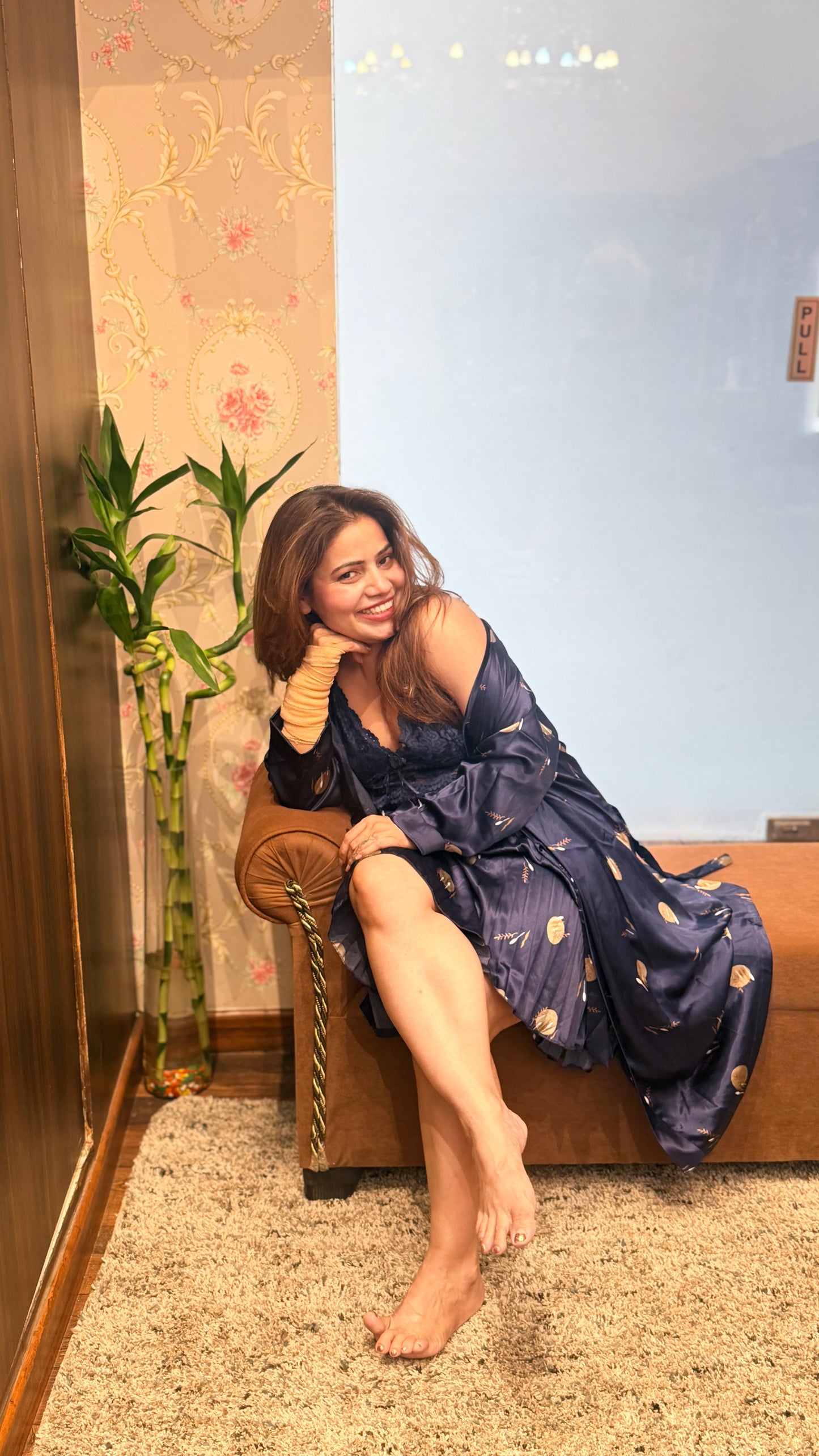 Luxury Navy Blue Satin Lace Nighty with Printed Robe – 2 Piece Nightwear Set