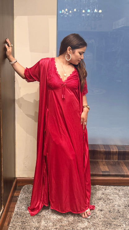 Luxury Red Satin Nightwear Set with Lace Detail (Robe + Slip)