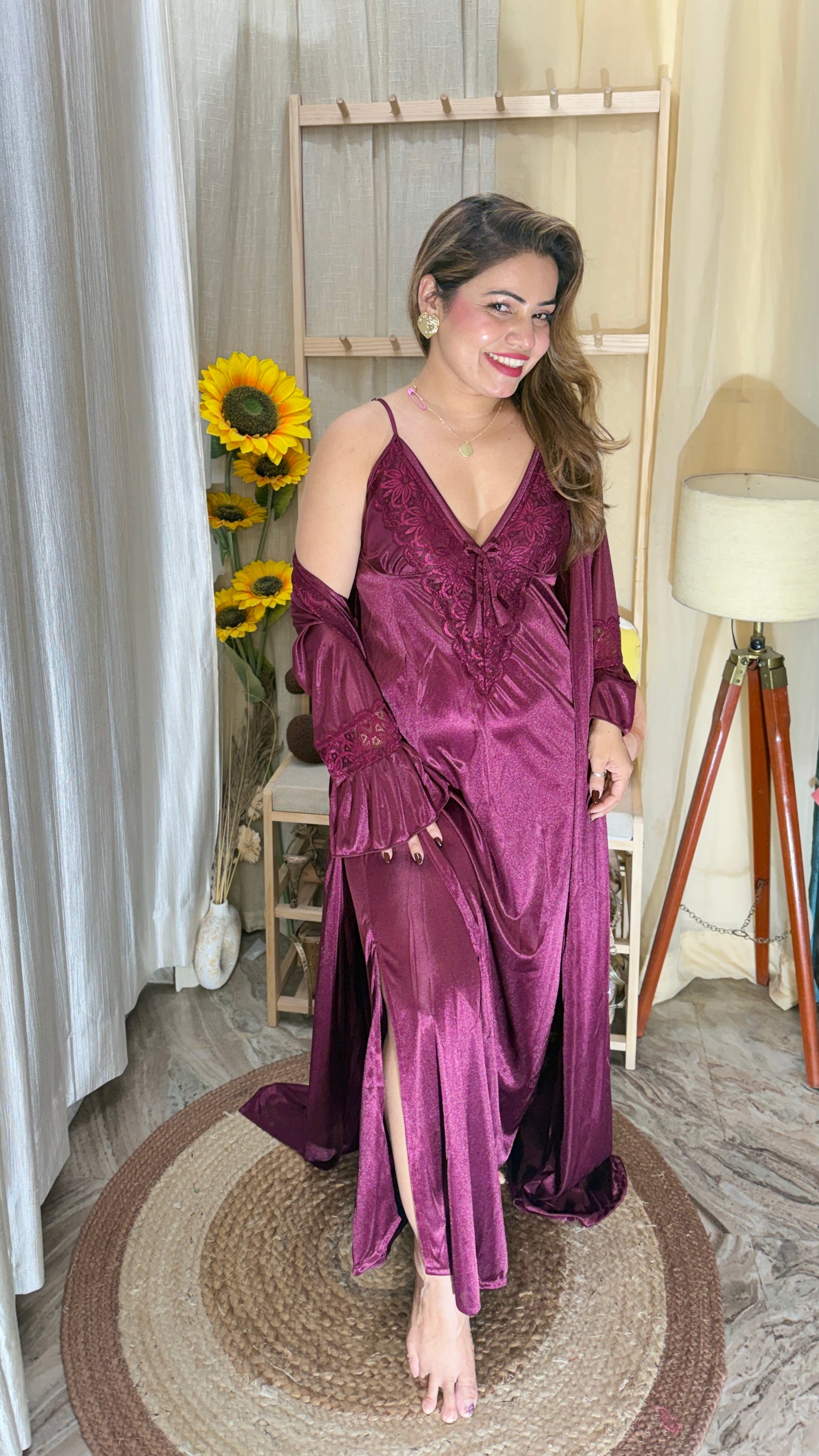 Wine Satin Embroidered Nighty with Robe | Luxury Nightwear Set