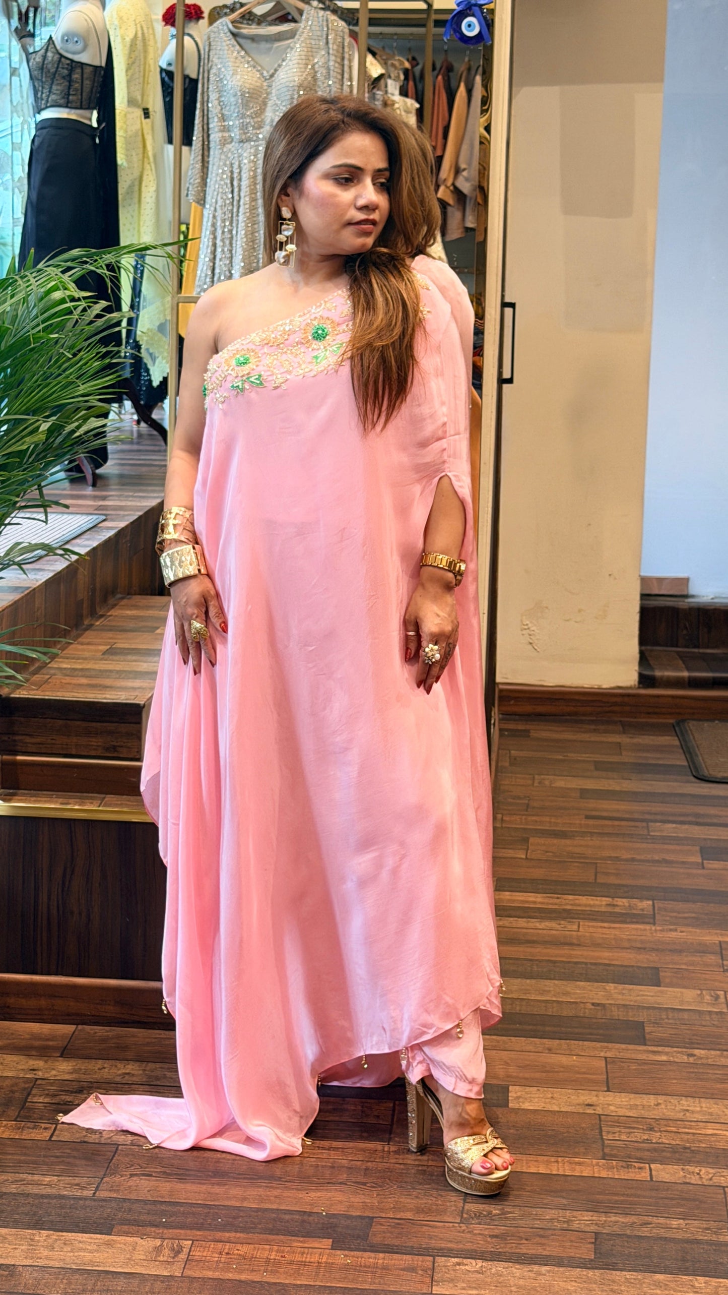 One-Shoulder Embroidered Draped Set | Blush Pink Sunset & Fuchsia Luxe Edit