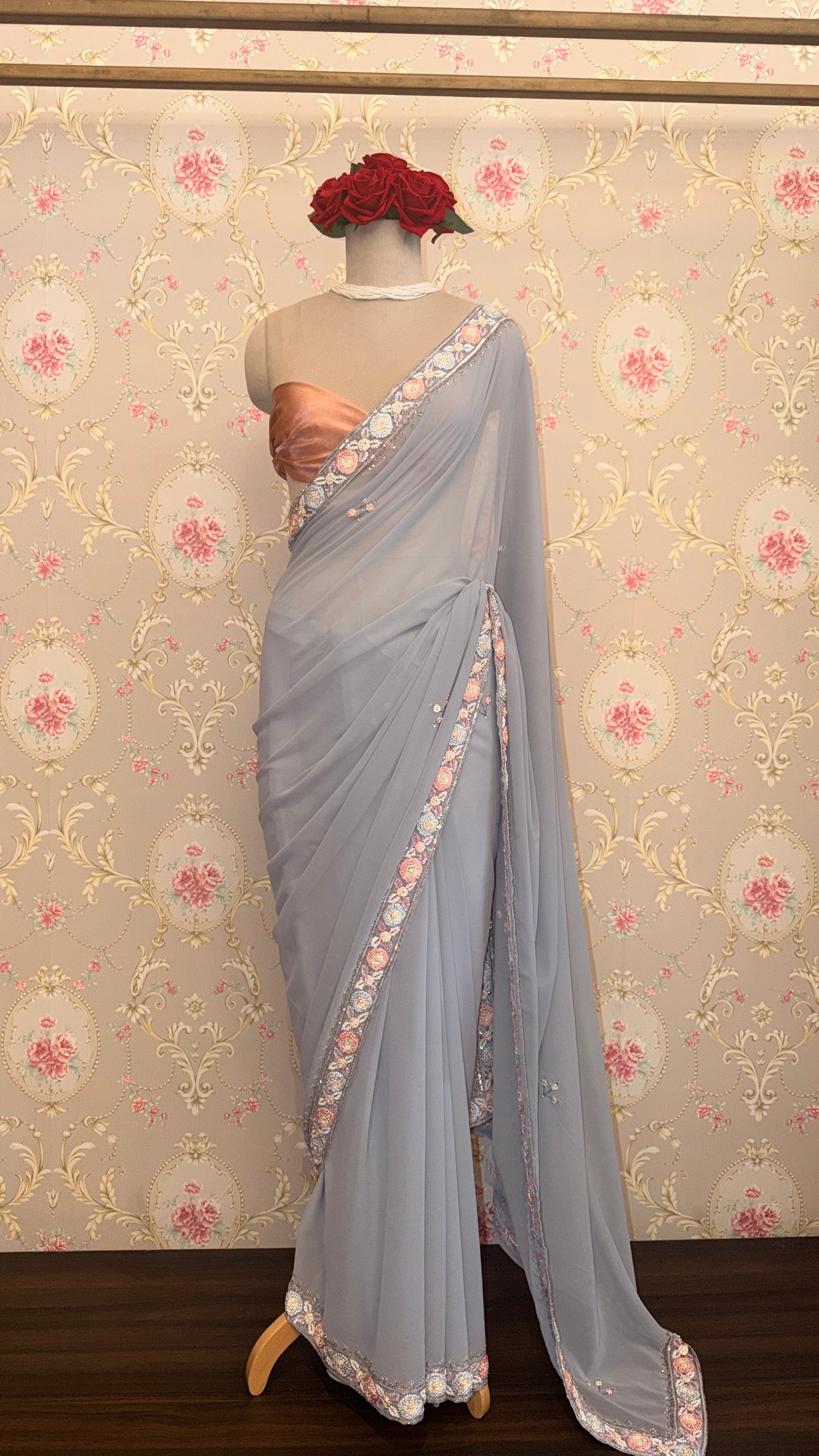 Steel Grey Georgette Saree with Floral Embroidered Border